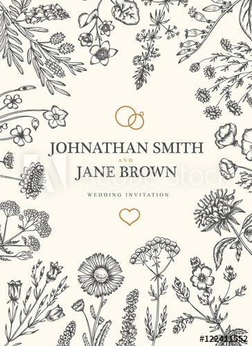 364x500 Wedding Invitation In Boho Style Wild Flowers And Herbs Frame