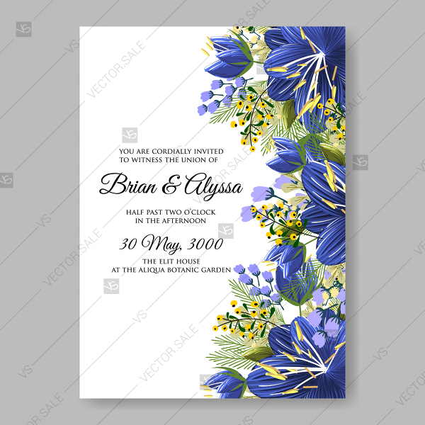 600x600 Hibiscus Wedding Invitation Card Printable Template Blue Flower