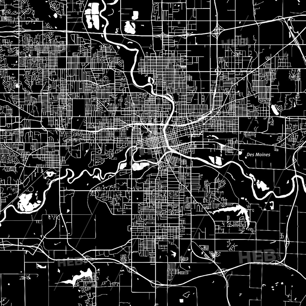 1000x1000 Des Moines, Iowa, Downtown Map, Dark Hebstreits Sketches