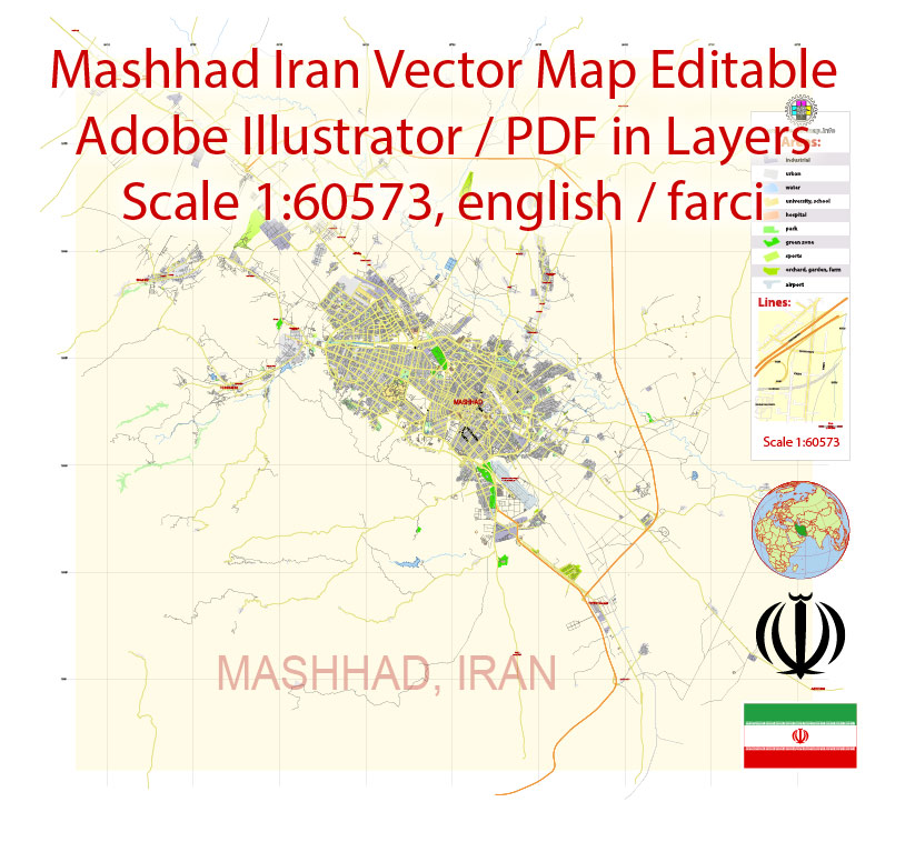 814x758 Mashhad Pdf Map Iran Farci English Low Detailed City Plan Editable
