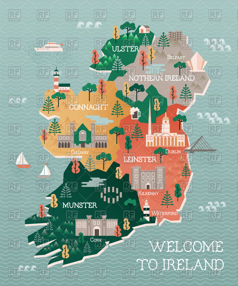 997x1200 Flat Stylized Travel Map Of Ireland Vector Image Of Signs, Symbols
