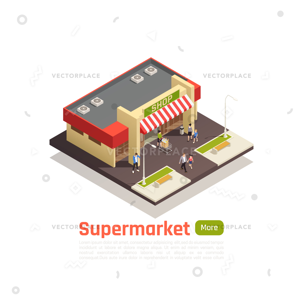 1000x1000 Isometric Store Mall Shopping Center Concept Vector Illustration