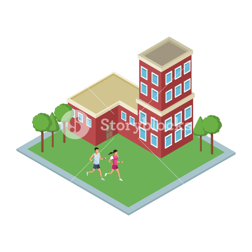 1000x1000 Isometric Building With People Running Around Vector Illustration