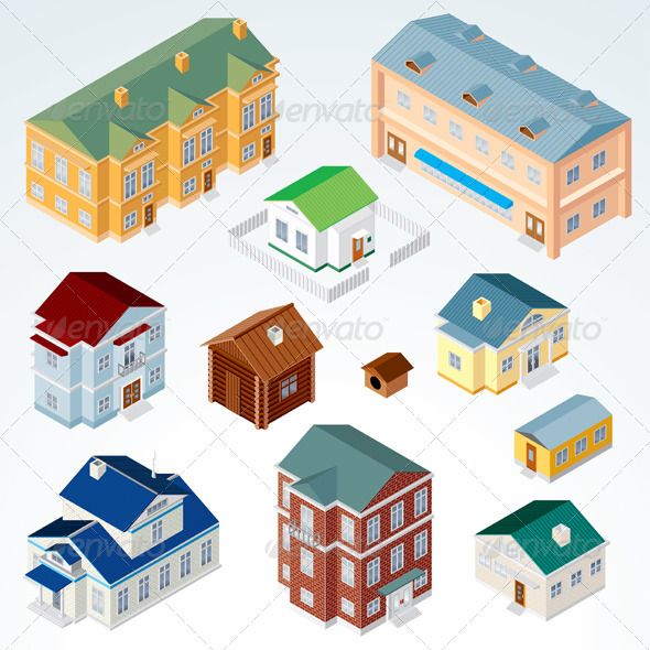 590x590 Set Of Isolated Isometric Buildings Illustration Of Various Urban