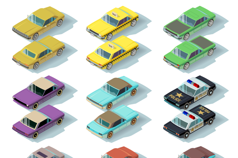 800x533 Isometric City Cars Vector Icons In Front And Rear Views