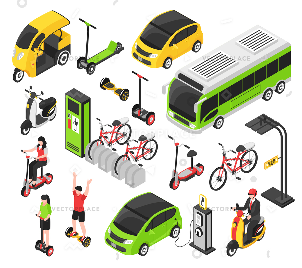 1000x889 Eco Transport Isometric Set Electric Car Vector Illustration