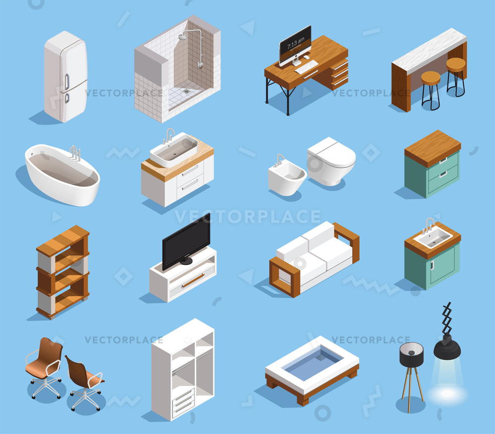 1000x877 Furniture Interior Elements Isometric Set Stylish Vector