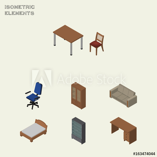 500x500 Isometric Furniture Set Of Office, Sideboard, Bedstead And Other