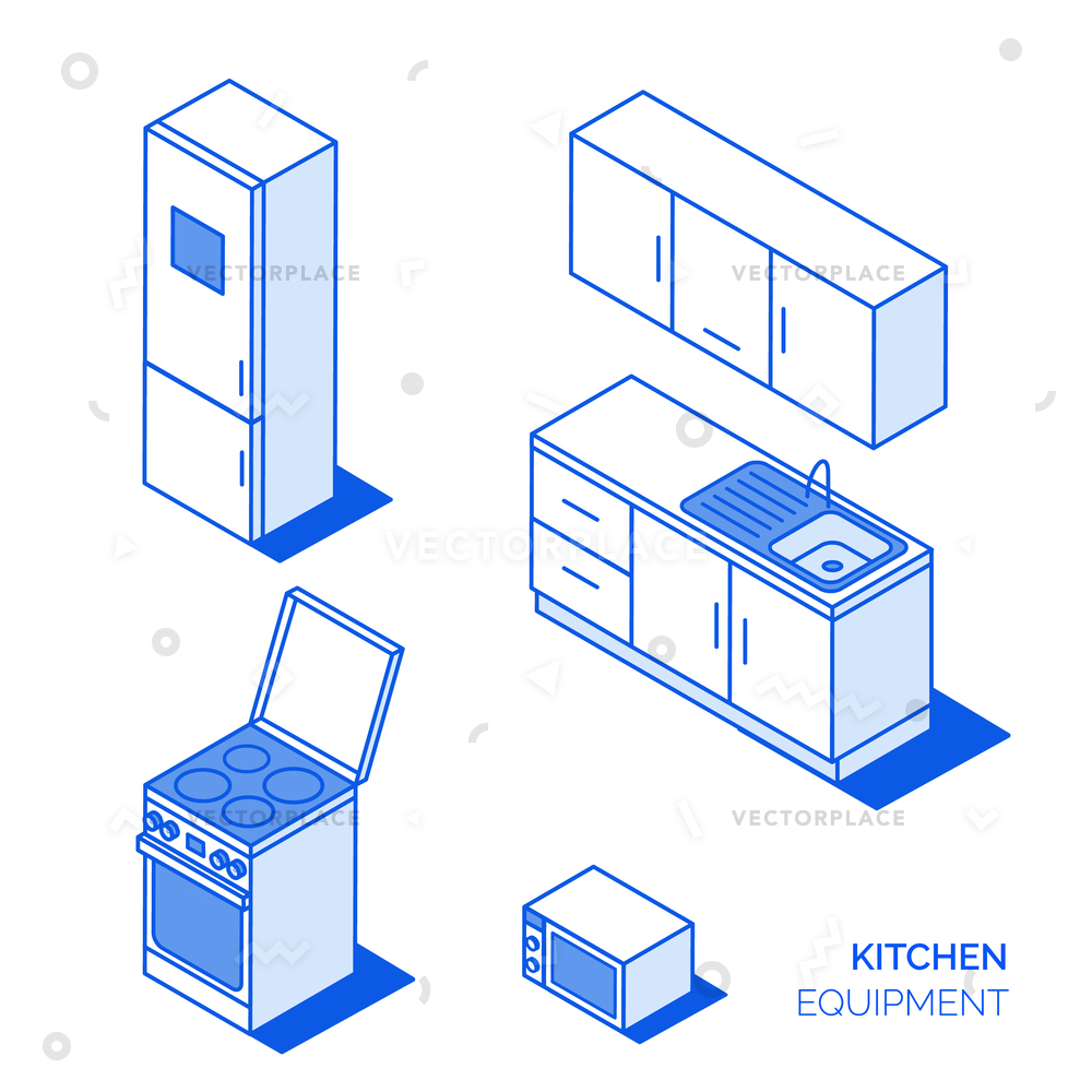 1000x1000 Isometric Kitchen Electronics Furniture Icons Set Vector