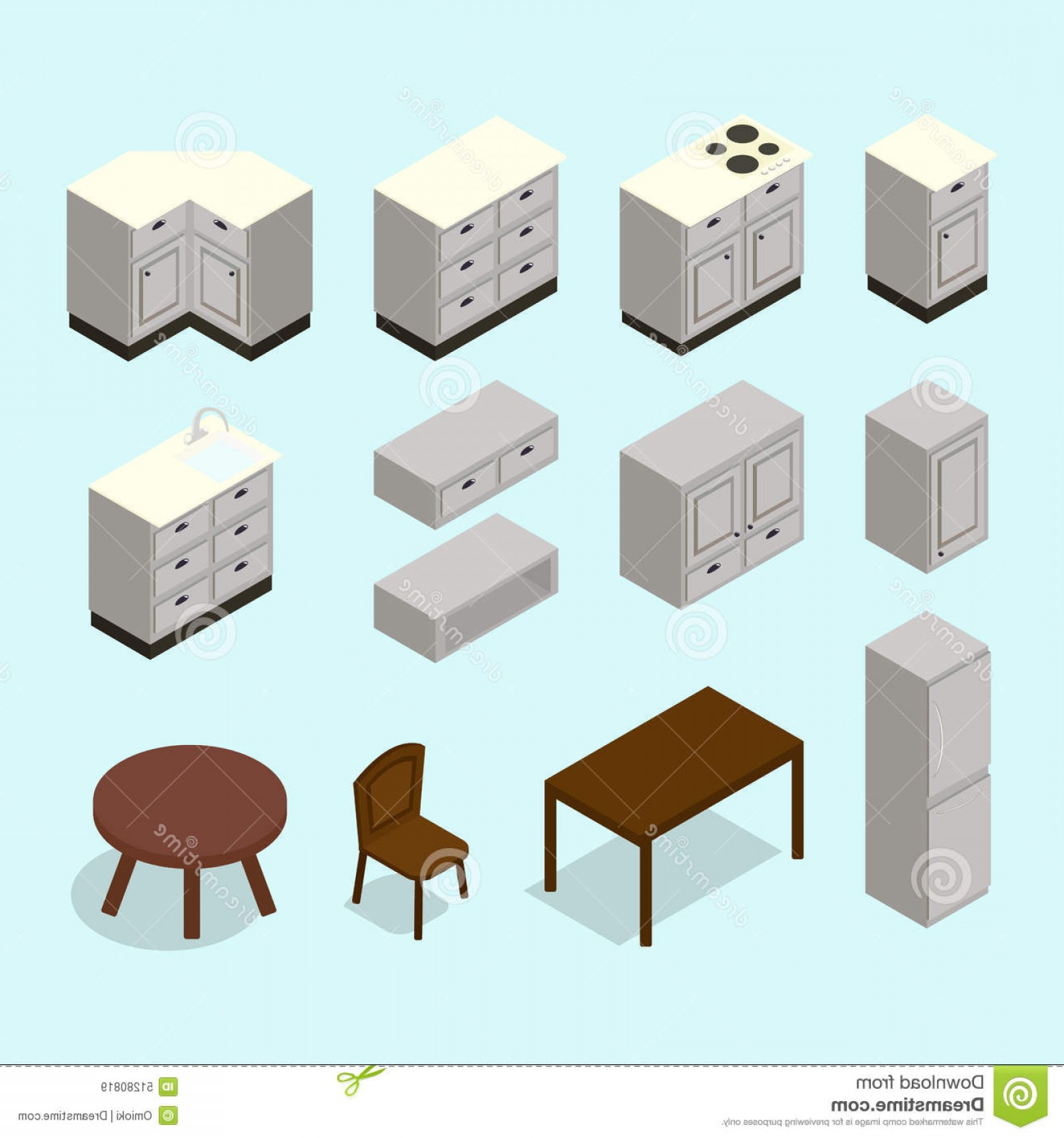 1560x1668 Stock Illustration Vector Isometric Kitchen Furniture Set Cabinets