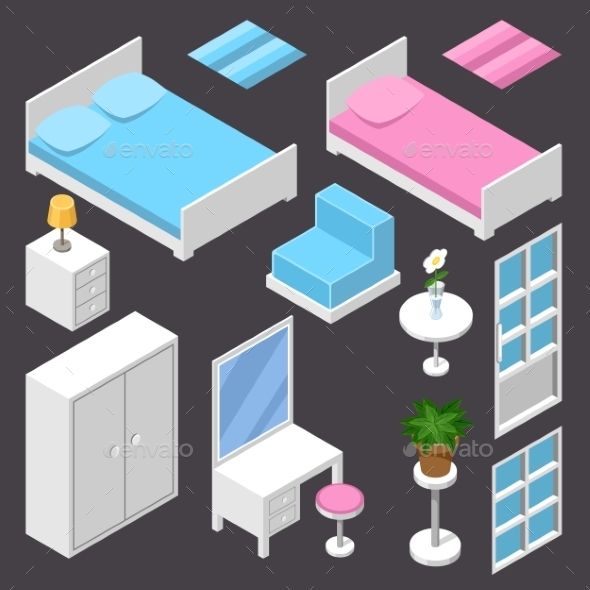 590x590 Vector Isometric Furniture White Color On The Dark Background