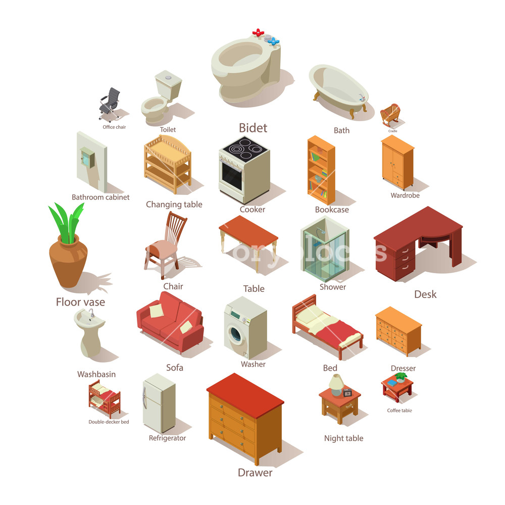 1000x1000 Domestic Furniture Icons Set Isometric Illustration