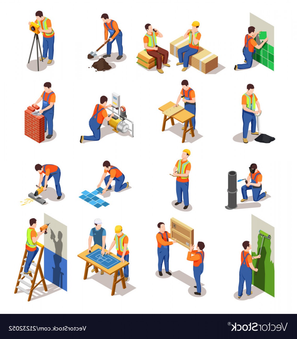 1136x1296 Construction Workers Isometric People Vector Handandbeak