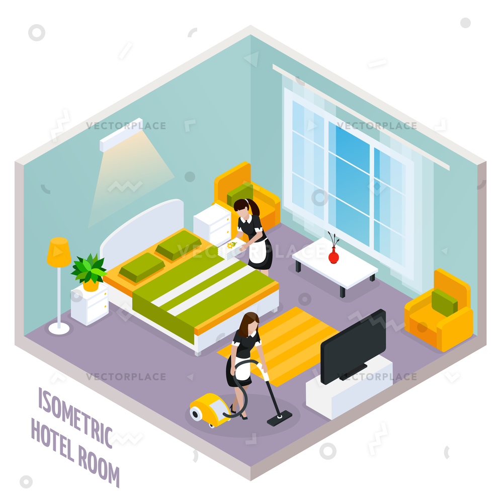 1000x1000 Colored Isometric Hotel Room Interior Walls Vector Illustration