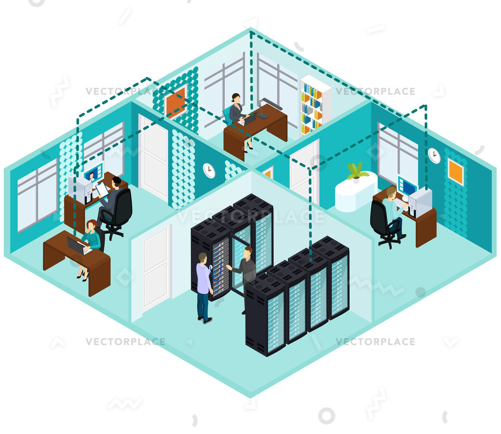 1000x865 Isometric Datacenter Concept People Working Office Vector