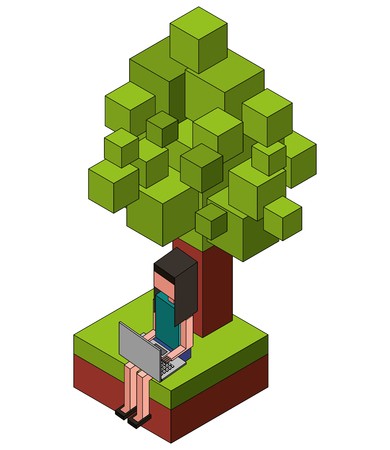 390x450 Young Woman Using Laptop Near A Isometric Tree Vector Illustration