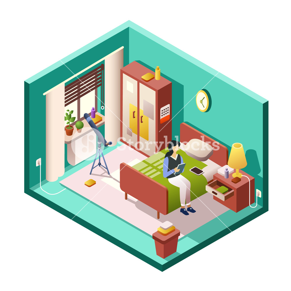 1000x1000 Woman Bedroom Isometric Vector Illustration Of Modern Small Room
