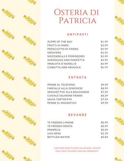 425x550 Cream With Italian Food Vector Pattern Italian Menu