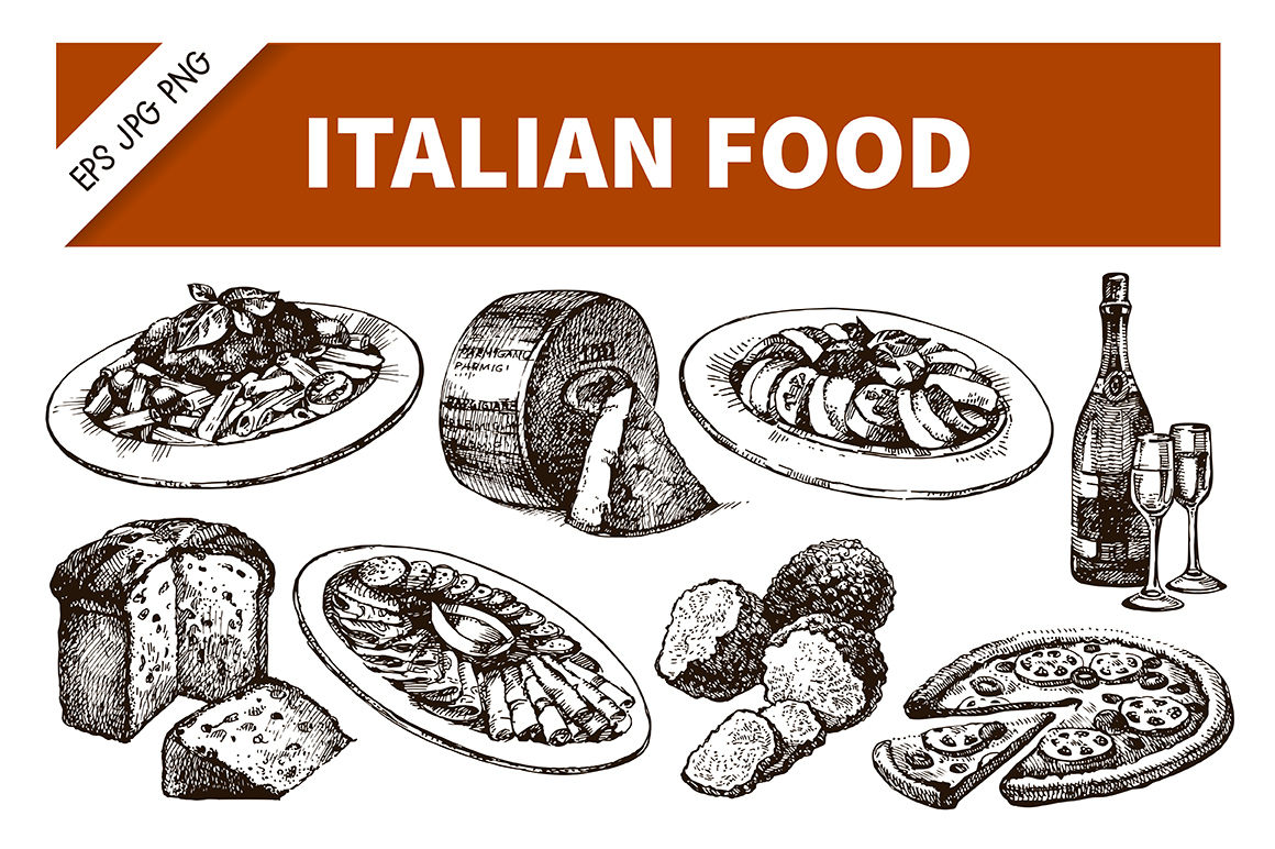 1160x772 Hand Drawn Sketch Italian Food Vector Set
