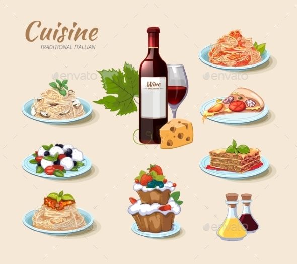 590x524 Italian Cuisine Vector Icons Set In Cartoon Style Food Vectors