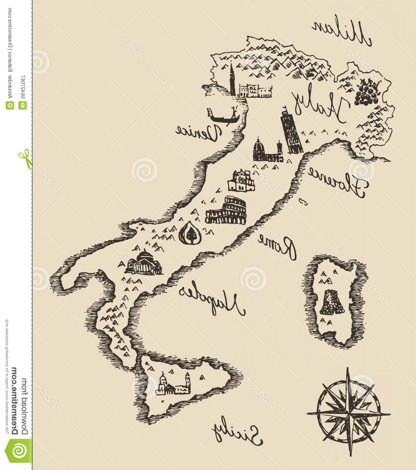 1380x1560 Stock Illustration Italian Old Map Vector Illustration Sketch