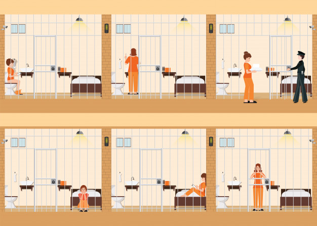 626x447 Rows Of Prison Cells With Life Of Women In Jail Vector Premium