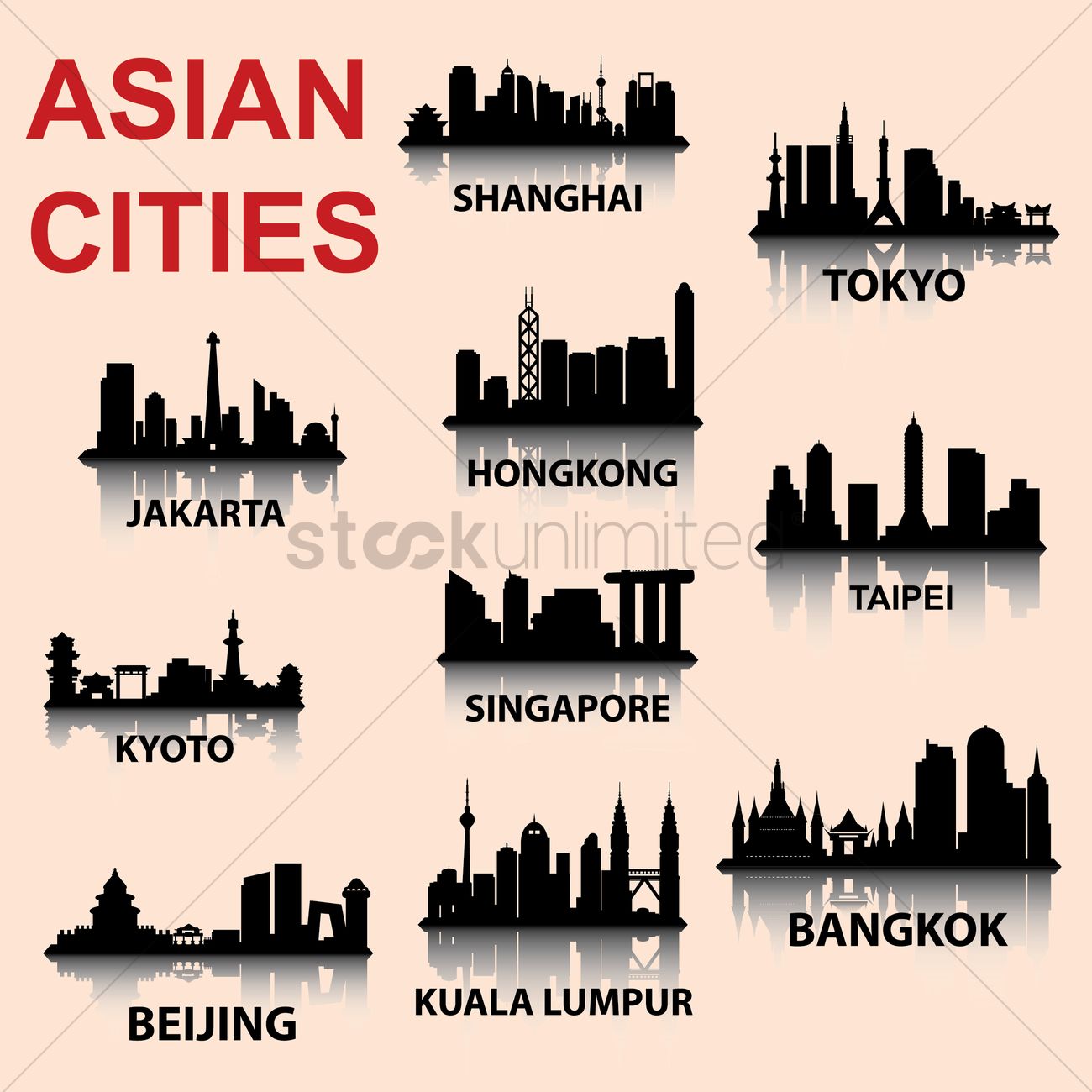 1300x1300 Silhouette Background Of Asian Cities Vector Image