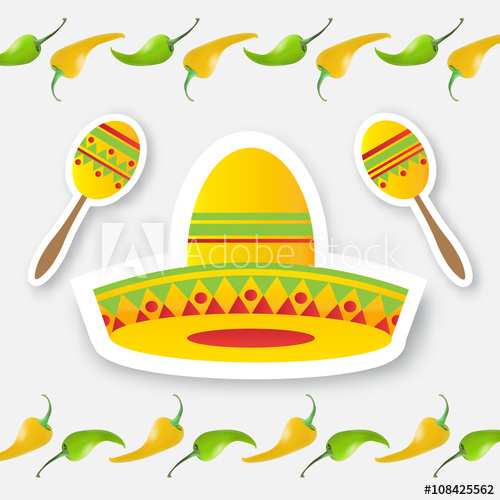 500x500 Mexican Sombrero Hat And Red Chili Pepper Jalapeno Vector