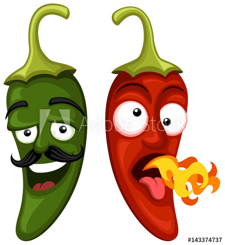 459x500 Vector Illustration Of Two Cartoon Peppers, One Green