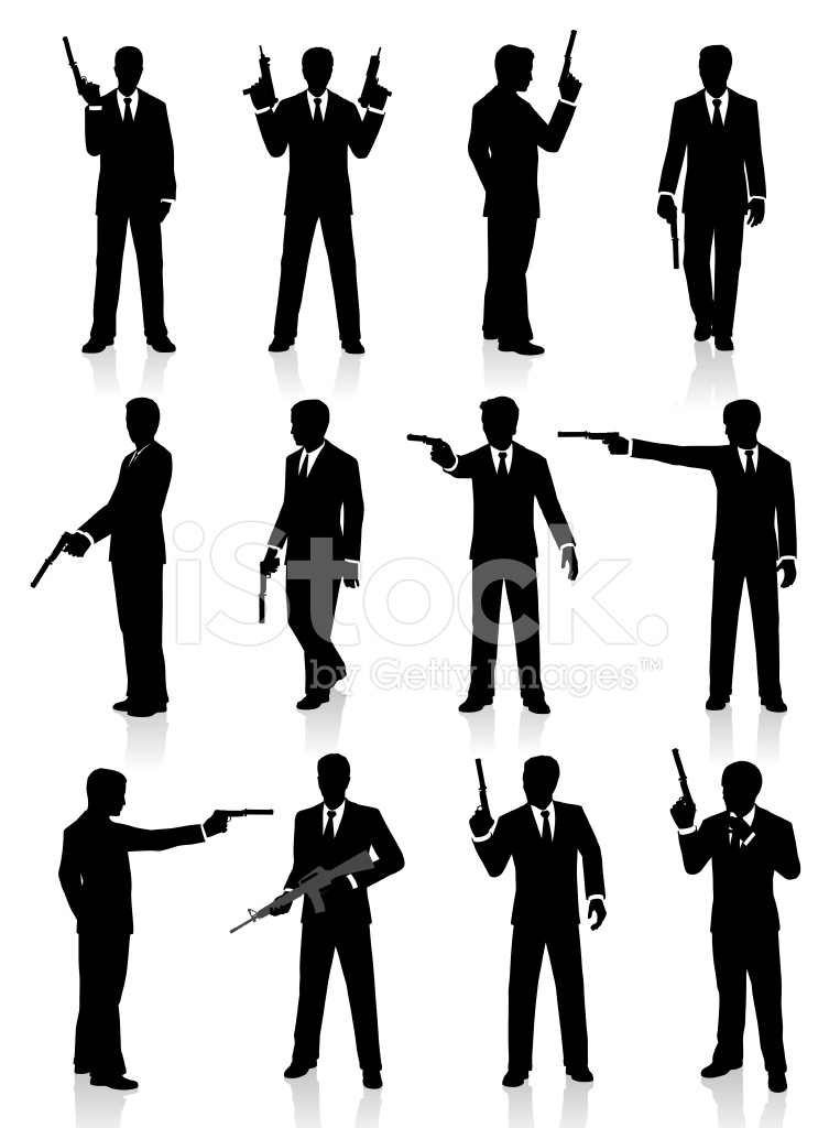 763x1024 Silhouettes Of A Special Agent Posing With A Gun Stock Vector