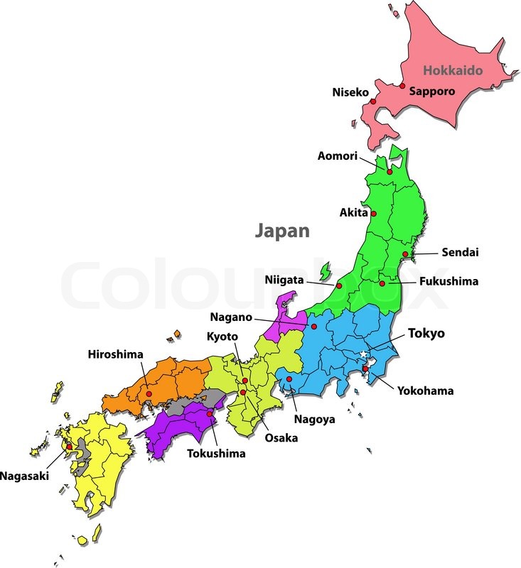 733x800 Color Map Of Japan With Regions On A Stock Vector Colourbox