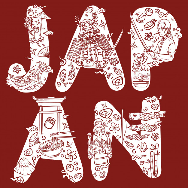 626x626 Illustration Of Japan Culture In Custom Font Lettering Outline