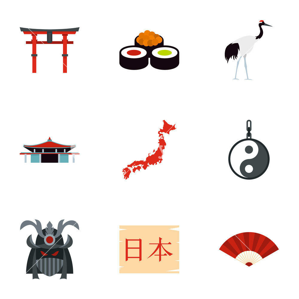 1000x1000 Tourism In Japan Icons Set Flat Illustration Of Tourism