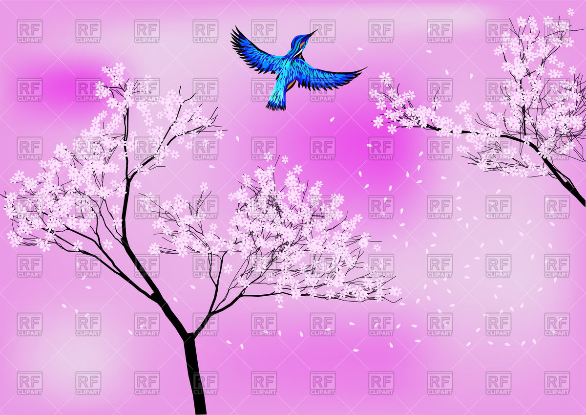 Japanese Background With Blossom Tree And Blue Bird Vector Image 1200x849 Japanese Background With Blossom Tree And Blue Bird Vector Image