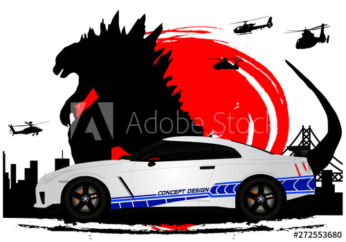 Japanese Car Nissan Gtr With Monster Godzilla Background City 500x350 Japanese Car Nissan Gtr With Monster Godzilla Background City