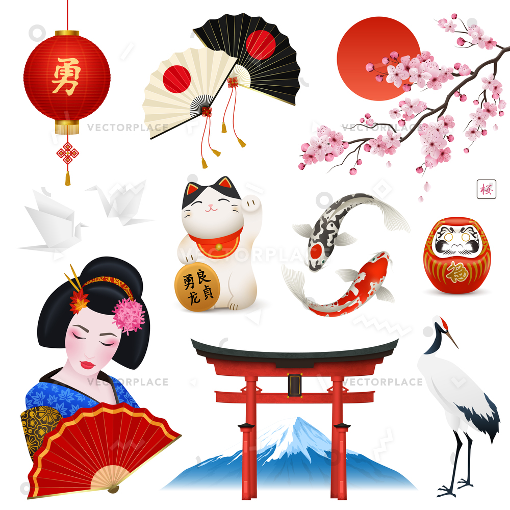 1000x1000 Japanese Culture Traditions Symbols Realistic Set Vector