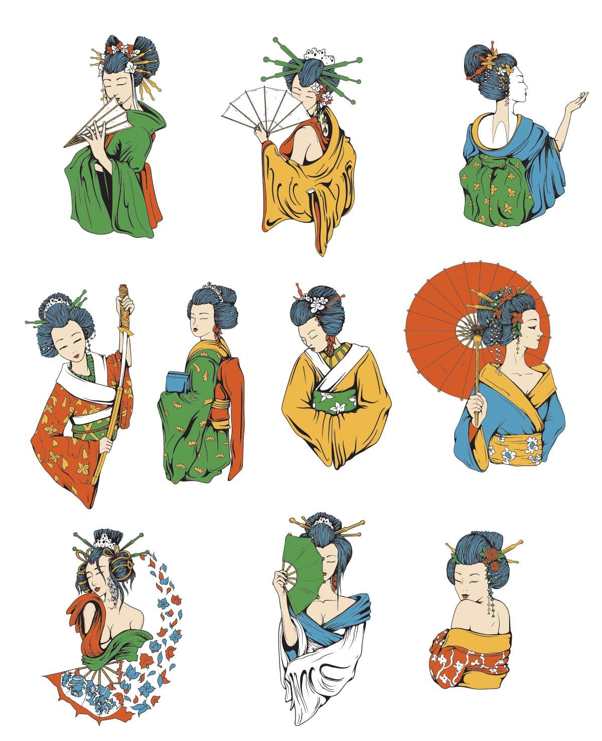 1200x1477 Japanese Geisha Vector Illustrations Set Free Vectors,cards