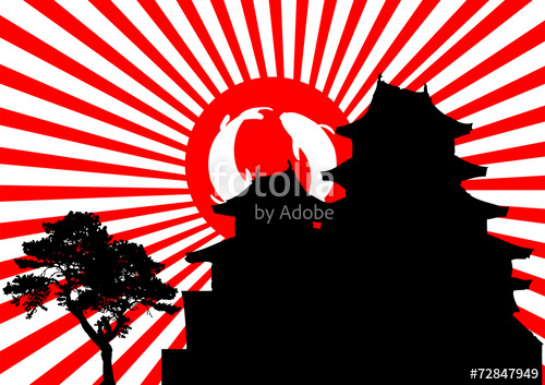 Japanese Couple Castle With Sakura Tree Vector Stock Image 500x353 Japanese Couple Castle With Sakura Tree Vector Stock Image