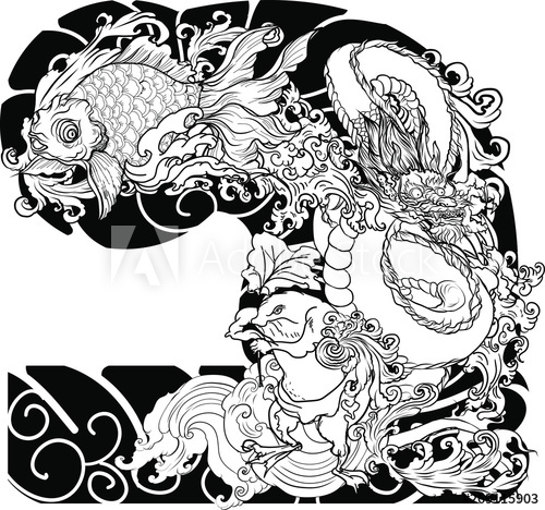 500x468 Traditional Japanses Frogdragon And Gold Fish Tattoo With Water