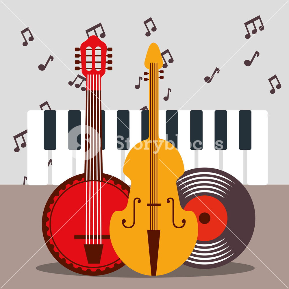 Jazz Festival Instruments Disk Piano Keys Banjo Cello Vector 1000x1000 Jazz Festival Instruments Disk Piano Keys Banjo Cello Vector