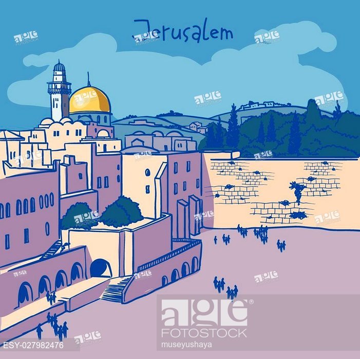 701x700 Jerusalem, Israel Old City Skyline Wailing Wall Handmade Drawing