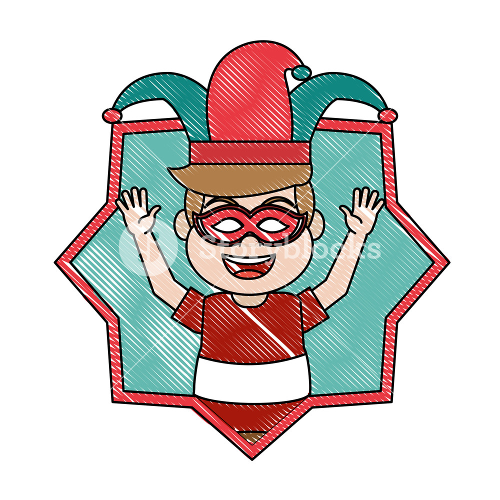 1000x1000 Doodle Happy Boy With Jester Hat And Mask Inside Star Vector