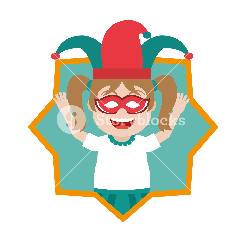 1000x1000 Happy Girl With Jester Hat And Mask Inside Star Vector