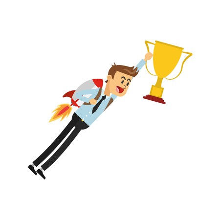 450x450 Simple Flat Design Flying Businessman With Jetpack Holding Trophy