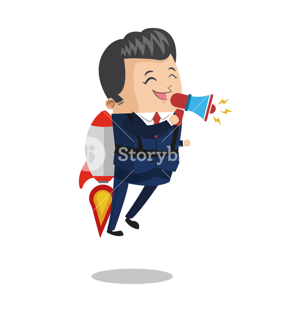 949x1000 Businessman Flying Jetpack With Bullhorn Icon Vector Illustration