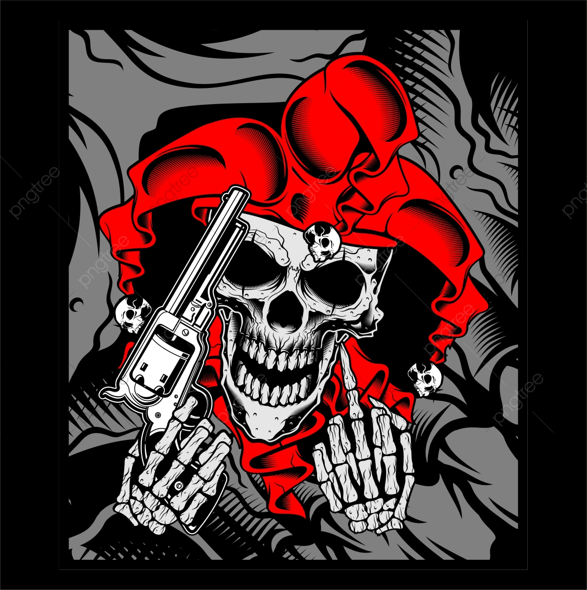 1200x1207 The Joker S Skull Holds A Gun Vector Hand Drawing Shirt Designs