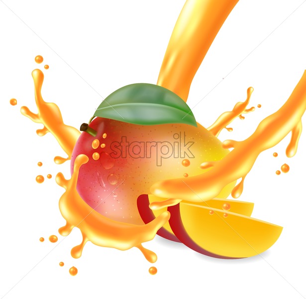 615x600 Mango Fruit Sliced With Juice Splash Vector Realistic Detailed