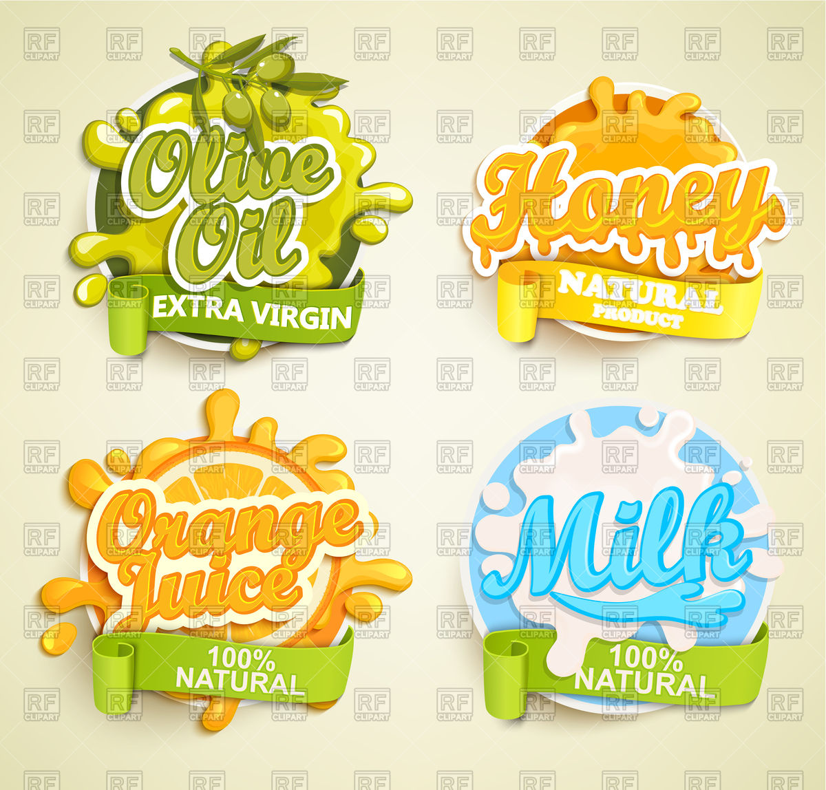 1200x1148 Orange Juice, Olive Oil, Honey, Lime Labels Splash Vector Image