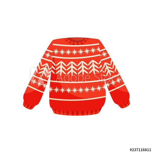 500x500 Red Christmas Sweater With Norwegian Ornament, Knitted Warm Jumper