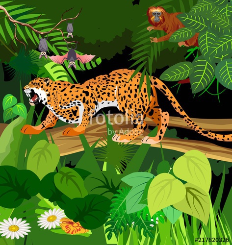 473x500 Growling Leopard Jumping On Tree Trunk Jungle Background, Vector